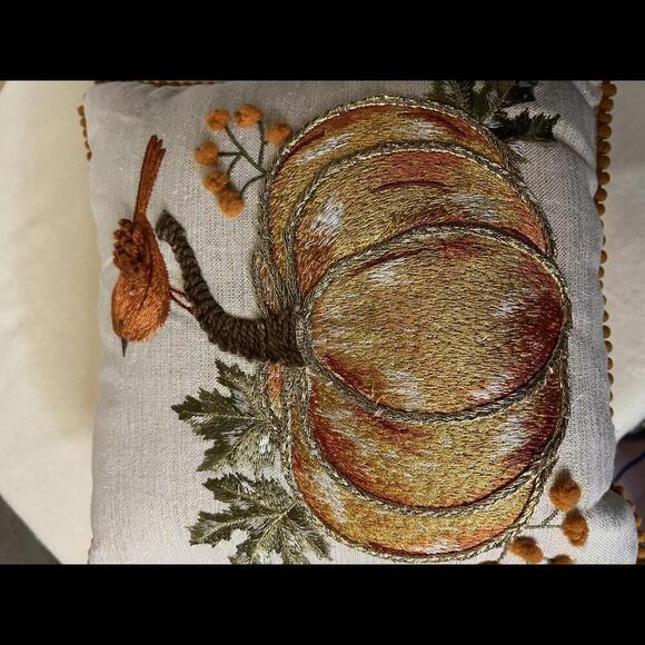 Adorable Embroidered Pumpkin and Bird Pillow Orange Green 12" x 12" - Picture 4 of 4